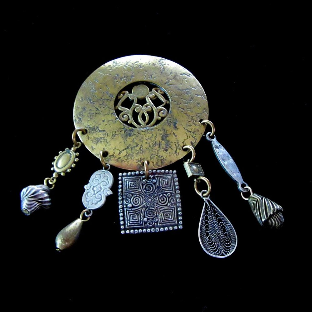 Marjorie Baer mixed metal charm brooch - industrial - steam punk - chatelaine